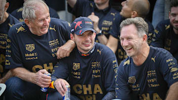 Oct 23, 2022; Austin, Texas, USA; (from left) Red Bull team advisor Helmut Marko and Red Bull Racing Limited driver Max Verstappen of Team Netherlands and Team Principal Christian Horner celebrate winning the U.S. Grand Prix F1 race at Circuit of the Americas. Mandatory Credit: Jerome Miron-Imagn Images