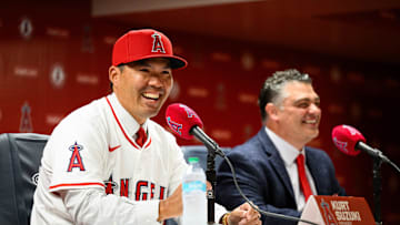 Oct 22, 2025; Los Angeles, CA, USA; Los Angeles Angels manager Kurt Suzuki speaks during a press conference at Angel Stadium. Mandatory Credit: William Liang-Imagn Images
