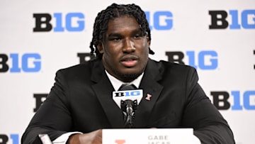 Jul 23, 2024; Indianapolis, IN, USA; Illinois Fighting Illini outside linebacker Gabe Jacas speaks to the media during the Big 10 football media day at Lucas Oil Stadium. Mandatory Credit: Robert Goddin-Imagn Images