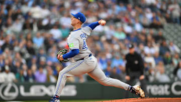 May 10, 2025; Seattle, Washington, USA; Toronto Blue Jays starting pitcher Bowden Francis (44) pitches to the Seattle Mariners during the first inning at T-Mobile Park. 