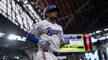 Jul 6, 2024; Arlington, Texas, USA; Texas Rangers second baseman Marcus Semien (2) celebrates during the game between the Texas Rangers and the Tampa Bay Rays at Globe Life Field. Mandatory Credit: Jerome Miron-USA TODAY Sports
