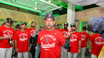 Sep 26, 2025; Boston, Massachusetts, USA; Boston Red Sox manager Alex Cora (13) addresses the team after they clinched a playoff spot after their game against the Detroit Tigers at Fenway Park. Mandatory Credit: Eric Canha-Imagn Images