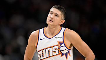 Nov 12, 2025; Dallas, Texas, USA; Phoenix Suns guard Grayson Allen (8) looks on during the second half against the Dallas Mavericks at the American Airlines Center. Mandatory Credit: Jerome Miron-Imagn Images