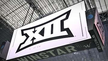 Dec 6, 2025; Arlington, TX, USA; A view of the Big 12 logo and scoreboard before the game between the Texas Tech Red Raiders and the BYU Cougars at AT&T Stadium. 