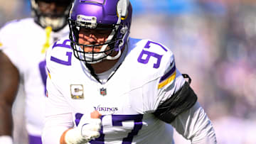 Nov 17, 2024; Nashville, Tennessee, USA; Minnesota Vikings defensive tackle Harrison Phillips (97) warms up before a game against the Tennessee Titans at Nissan Stadium. Mandatory Credit: Steve Roberts-Imagn Images
