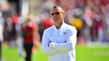 Oct 11, 2025; Dallas, Texas, USA; Texas Longhorns head coach Steve Sarkisian looks on before the game against the Oklahoma Sooners at Cotton Bowl. Mandatory Credit: Jerome Miron-Imagn Images