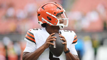 Aug 10, 2024; Cleveland, Ohio, USA; Cleveland Browns quarterback Jameis Winston (5) before the game against the Green Bay Packers at Cleveland Browns Stadium. Mandatory Credit: Ken Blaze-USA TODAY Sports