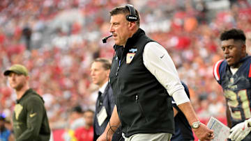 Nov 9, 2025; Tampa, Florida, USA; New England Patriots head coach Mike Vrabel stands on the sidelines during the third quarter against the Tampa Bay Buccaneers at Raymond James Stadium. Mandatory Credit: Jonathan Dyer-Imagn Images