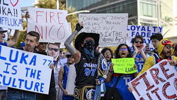 Feb 8, 2025; Dallas, Texas, USA; Dallas Mavericks fans gather outside the arena before the game between the Dallas and the Houston Rockets to protest the Nico Harrison trade of former Mavericks point guard Luka Doncic to the Los Angeles Lakers. Mandatory Credit: Jerome Miron-Imagn Images