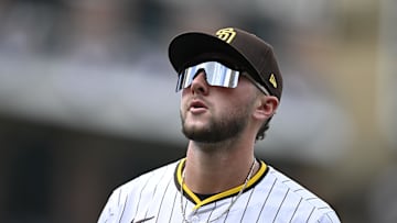 Apr 2, 2025; San Diego, California, USA; San Diego Padres center fielder Jackson Merrill (3) leaves the field during the third inning against the Cleveland Guardians at Petco Park. 