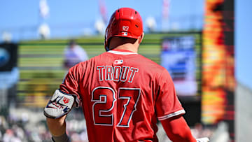 Los Angeles Angels outfielder Mike Trout looks on before his at bat during the ninth inning against the Minnesota Twins.