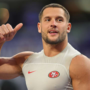 Oct 23, 2023; Minneapolis, Minnesota, USA; San Francisco 49ers defensive end Nick Bosa (97) looks on before the game against the Minnesota Vikings at U.S. Bank Stadium. Mandatory Credit: Jeffrey Becker-USA TODAY Sports