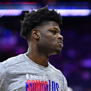 Mar 8, 2024; Philadelphia, Pennsylvania, USA; Philadelphia 76ers center Mo Bamba (5) warms up before the game against the New Orleans Pelicans at Wells Fargo Center. Mandatory Credit: Kyle Ross-Imagn Images
