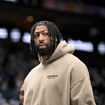 Mar 21, 2025; Dallas, Texas, USA; Dallas Mavericks forward Anthony Davis (3) watches team warm ups before the game between the Dallas Mavericks and the Detroit Pistons at the American Airlines Center. Mandatory Credit: Jerome Miron-Imagn Images