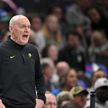 Oct 29, 2025; Dallas, Texas, USA; Indiana Pacers head coach Rick Carlisle yells to his team during the first quarter against the Dallas Mavericks at the American Airlines Center. Mandatory Credit: Jerome Miron-Imagn Images