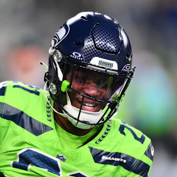 Seattle Seahawks cornerback Devon Witherspoon during warmups before the game against the Green Bay Packers.