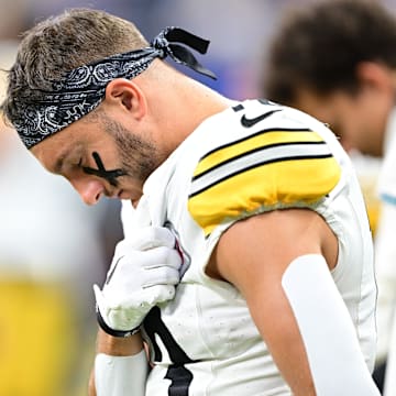 Sep 29, 2024; Indianapolis, Indiana, USA; Pittsburgh Steelers wide receiver Scotty Miller (13) bows his head during the national anthem before the game against the Indianapolis Colts at Lucas Oil Stadium. Mandatory Credit: Marc Lebryk-Imagn Images