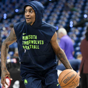 May 26, 2024; Dallas, Texas, USA; Minnesota Timberwolves forward Jaden McDaniels (3) warms up before the game between the Dallas Mavericks and the Minnesota Timberwolves in game three of the western conference finals for the 2024 NBA playoffs at American Airlines Center. Mandatory Credit: Jerome Miron-USA TODAY Sports
