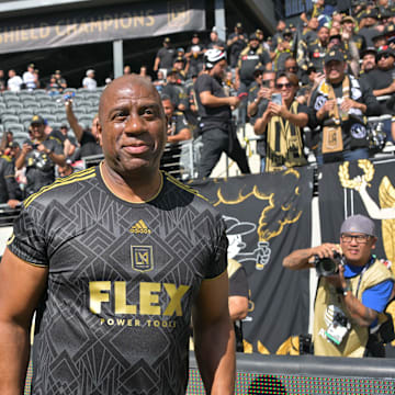 Nov 5, 2022; Los Angeles, CA, USA; Guest falconer Magic Johnson in attendance before the 2022 MLS Cup championship game between the Los Angeles FC and the Philadelphia Union at Banc of California Stadium. Mandatory Credit: Jayne Kamin-Oncea-Imagn Images