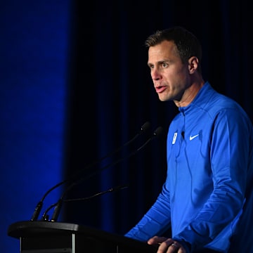 Oct 8, 2025; Charlotte, NC, USA; Duke head coach Jon Scheyer answers questions from the media at The Hilton Charlotte Uptown. Mandatory Credit: William Howard-Imagn Images