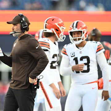 Oct 26, 2025; Foxborough, Massachusetts, USA;  Cleveland Browns head coach Kevin Stefanski looks on during the fourth quarter against the New England Patriots at Gillette Stadium. Mandatory Credit: Brian Fluharty-Imagn Images