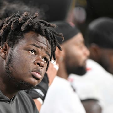 Tampa Bay Buccaneers defensive tackle Desmond Watson watches the action against the  Pittsburgh Steelers 
