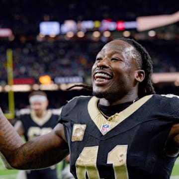 Nov 10, 2024; New Orleans, Louisiana, USA; New Orleans Saints running back Alvin Kamara (41) leaves the field after the Saints defeated the Atlanta Falcons at Caesars Superdome. Mandatory Credit: Matthew Hinton-Imagn Images