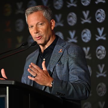 Oct 8, 2025; Charlotte, NC, USA; Virginia head coach Ryan Odom answers questions from the media at The Hilton Charlotte Uptown. Mandatory Credit: William Howard-Imagn Images