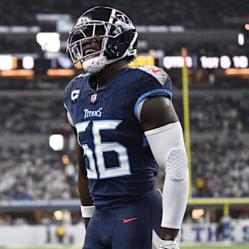 Tennessee Titans linebacker Kenneth Murray Jr. celebrates an interception during the first quarter against the Colts