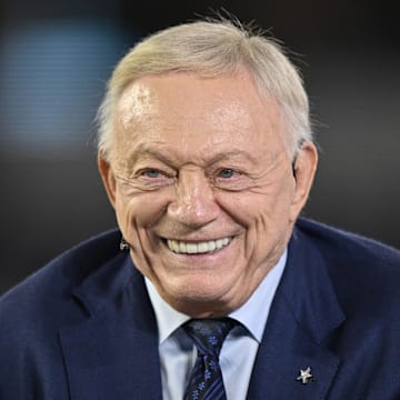 Dallas Cowboys owner Jerry Jones talks before the game against the Arizona Cardinals at AT&T Stadium. 