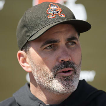 May 9, 2025; Berea, OH, USA; Cleveland Browns head coach Kevin Stefanski talks to the media during rookie minicamp at CrossCountry Mortgage Campus. Mandatory Credit: Ken Blaze-Imagn Images