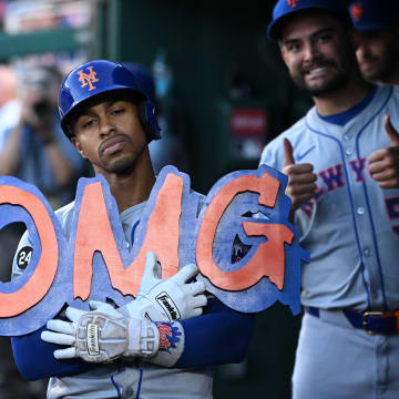 New York Mets shortstop Francisco Lindor (12) poses for a photo in the dugout after hitting a home run against the Washington Nationals during the sixth inning at Nationals Park on July 2.