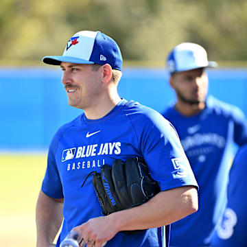 Toronto Blue Jays pitcher Erik Swanson (50) prepares for a drill during spring training at Cecil B. Englebert Complex on Feb. 17.