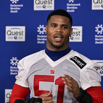 May 9, 2025; East Rutherford, NJ, USA; New York Giants linebacker Abdul Carter (51) speaks to members of the press after rookie minicamp at Quest Diagnostics Training Center. Mandatory Credit: John Jones-Imagn Images