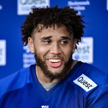 May 10, 2025; East Rutherford, NJ, USA; New York Giants offensive lineman Marcus Mbow (71) speaks during a press conference after rookie minicamp at Quest Diagnostics Training Center.  