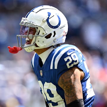 Sep 8, 2024; Indianapolis, Indiana, USA; Indianapolis Colts cornerback JuJu Brents (29) celebrates a stop during the second half against the Houston Texans at Lucas Oil Stadium. Mandatory Credit: Marc Lebryk-Imagn Images