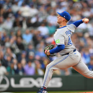 May 10, 2025; Seattle, Washington, USA; Toronto Blue Jays starting pitcher Bowden Francis (44) pitches to the Seattle Mariners during the first inning at T-Mobile Park. 