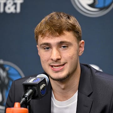 Jun 27, 2025; Dallas, TX, USA; Dallas Mavericks first overall pick Cooper Flagg speaks to the media during a press conference at the Dallas Mavericks Practice Facility. Mandatory Credit: Jerome Miron-Imagn Images