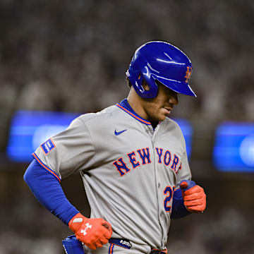 May 16, 2025; Bronx, New York, USA; New York Mets outfielder Juan Soto (22) reacts after grounding out against the New York Yankees during the seventh inning at Yankee Stadium. Mandatory Credit: John Jones-Imagn Images