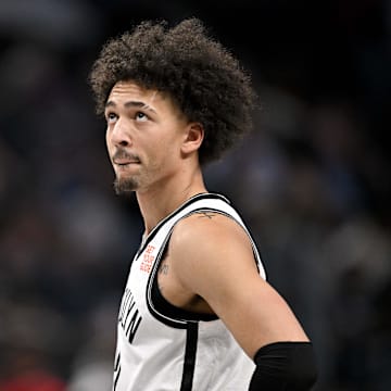 Mar 31, 2025; Dallas, Texas, USA; Brooklyn Nets forward Jalen Wilson (22) in action during the game between the Dallas Mavericks and the Brooklyn Nets at the American Airlines Center. Mandatory Credit: Jerome Miron-Imagn Images