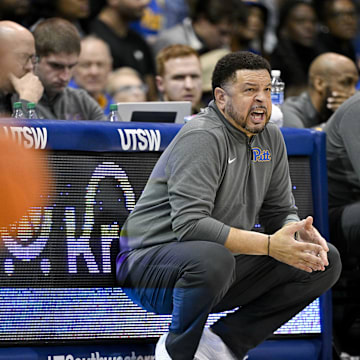 Feb 11, 2025; Dallas, Texas, USA; Pittsburgh Panthers head coach Jeff Capel yells to his team during the first half against the Southern Methodist Mustangs at Moody Coliseum. Mandatory Credit: Jerome Miron-Imagn Images