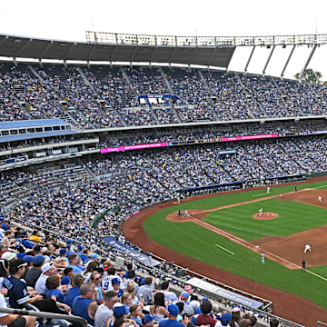 Jul 27, 2024; Kansas City, Missouri, USA;  A general view of  Kauffman Stadium during a game between the Kansas City Royals and Chicago Cubs. Mandatory Credit: Peter Aiken-Imagn Images