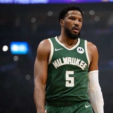 Apr 2, 2024; Washington, District of Columbia, USA; Milwaukee Bucks guard Malik Beasley (5) looks on during the first quarter against the Washington Wizards at Capital One Arena. Mandatory Credit: Reggie Hildred-USA TODAY Sports