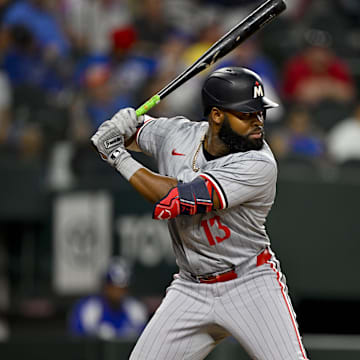 Minnesota Twins left fielder Manuel Margot (13) in action during the game between the Texas Rangers and the Minnesota Twins at Globe Life Field in Arlington, Texas, on Aug. 15, 2024.