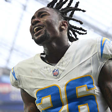 Sep 24, 2023; Minneapolis, Minnesota, USA; Los Angeles Chargers cornerback Asante Samuel Jr. (26) reacts after the game against the Minnesota Vikings at U.S. Bank Stadium. Mandatory Credit: Jeffrey Becker-Imagn Images