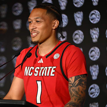 Oct 8, 2025; Charlotte, NC, USA; NC State player Darrion Williams answers questions from the media at The Hilton Charlotte Uptown.