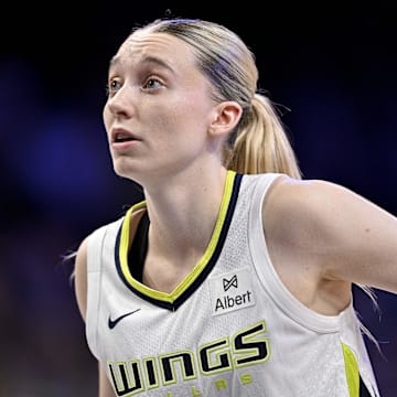 Dallas Wings guard Paige Bueckers (5) looks on during the second half against the Seattle Storm at College Park Center.