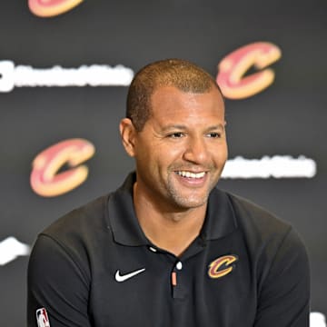 Koby Altman speaks to the media during a 2022 press conference.