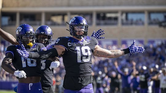 Oct 14, 2023; Fort Worth, Texas, USA; TCU Horned Frogs tight end Jared Wiley (19) celebrates during the game between the TCU Horned Frogs and the Brigham Young Cougars at Amon G. Carter Stadium. Mandatory Credit: Jerome Miron-Imagn Images