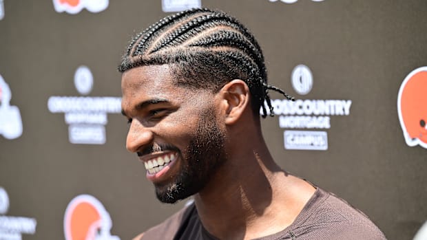Cleveland Browns quarterback Shedeur Sanders (12) talk to the media during minicamp at CrossCountry Mortgage Campus.